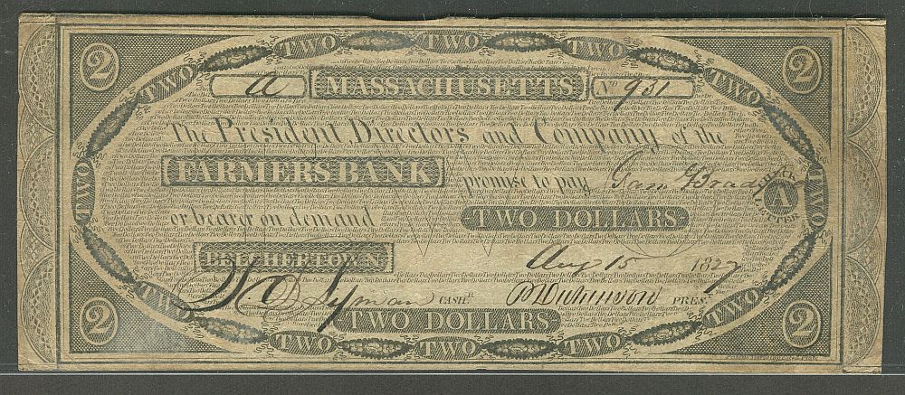 Belchertown, Massachusetts, MA-75; G8,  August 15, 1827 $2 Farmers Bank, VF, 931